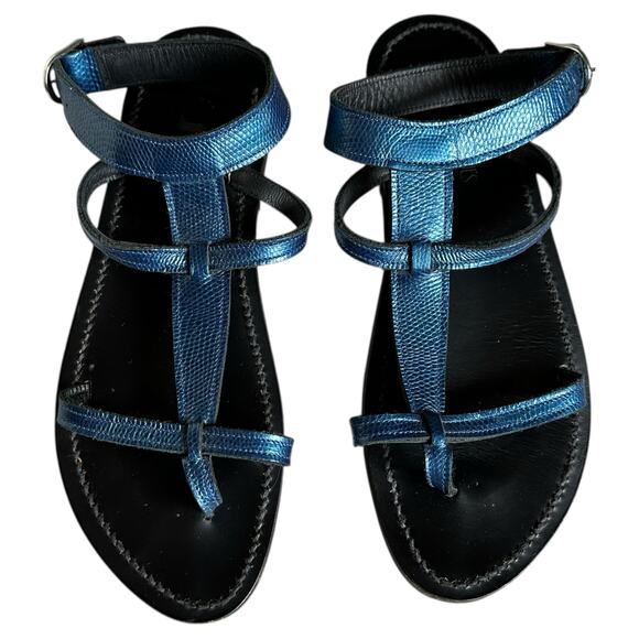 K. JACQUES St Tropez Blue Metallic Snake Gladiator Strappy Sandals Women's 40 - Picture 1 of 8